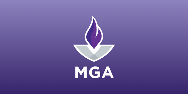 Plain graphic with a purple gradient background and the MGA flame logo centered.